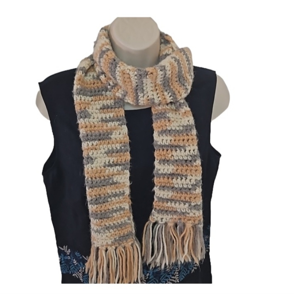 Handmade Crochet Scarf Gray Cream  Brown Upcycled Eco-Friendly Hand Knit Artisan - Picture 4 of 17